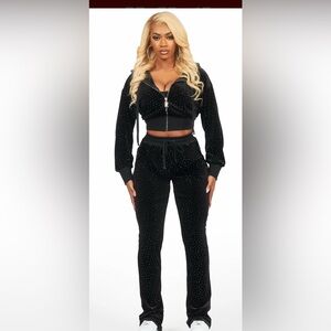 New 2 Piece Rockstar Original Women Black Velvet Tracksuit